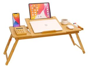 laptop desk for bed, coiwai bamboo lap desk with tablet slot adjustable height angle foldable storage drawer portable tray table stand for netebook computer breakfast work study reading writing large