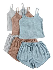 shein women's 3 sets rib knit lounge set crop cami top and tie front shorts sleepwear pajama set multicoloured medium