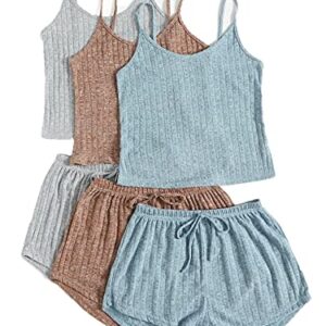 SheIn Women's 3 Sets Rib Knit Lounge Set Crop Cami Top and Tie Front Shorts Sleepwear Pajama Set Multicoloured Medium