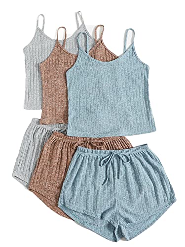 SheIn Women's 3 Sets Rib Knit Lounge Set Crop Cami Top and Tie Front Shorts Sleepwear Pajama Set Multicoloured Medium