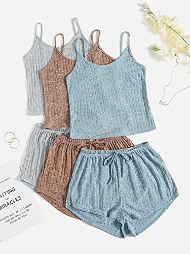 SheIn Women's 3 Sets Rib Knit Lounge Set Crop Cami Top and Tie Front Shorts Sleepwear Pajama Set Multicoloured Medium