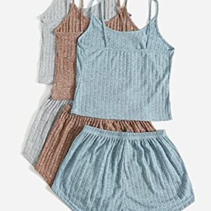 SheIn Women's 3 Sets Rib Knit Lounge Set Crop Cami Top and Tie Front Shorts Sleepwear Pajama Set Multicoloured Medium