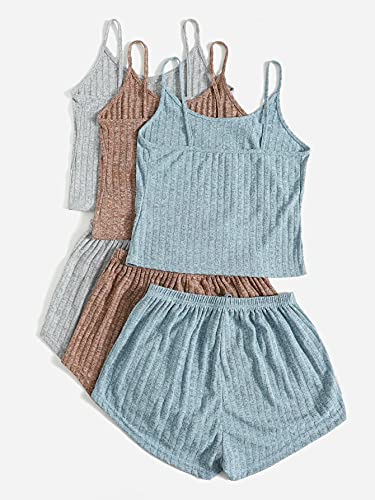 SheIn Women's 3 Sets Rib Knit Lounge Set Crop Cami Top and Tie Front Shorts Sleepwear Pajama Set Multicoloured Medium