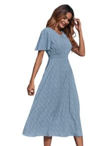 floerns women's short sleeve boho floral dress a line smocked midi dress a blue l