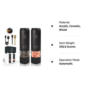 Electric Salt and Pepper Grinder Set - USB Rechargeable, LED Lights, Black Automatic Pepper and Salt Mill Grinder Set Refillable, Adjustable Coarseness, One Hand Operation (Black 2 Pack)