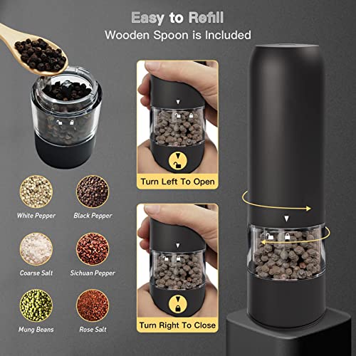 Electric Salt and Pepper Grinder Set - USB Rechargeable, LED Lights, Black Automatic Pepper and Salt Mill Grinder Set Refillable, Adjustable Coarseness, One Hand Operation (Black 2 Pack)