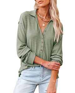 btfbm women casual button down v neck blouses long sleeve solid color stand collar knitted fall tops cute relaxed fit shirts(solid light green, small)