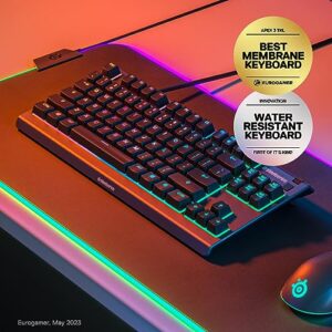 SteelSeries Apex 3 TKL RGB Gaming Keyboard – Tenkeyless Compact Form Factor - 8-Zone RGB Illumination – IP32 Water & Dust Resistant – Whisper Quiet Gaming Switch – Gaming Grade Anti-Ghosting,Black