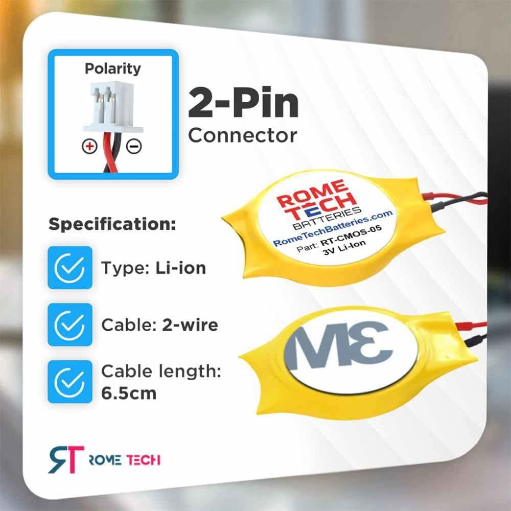 Rome Tech CMOS BIOS Battery for Dell Latitude 7400 (Not for 2-in-1 Version) / Dell Latitude 7480 / Dell Latitude D820 - Laptop Backup 3V RTC CR2032 Battery with 2 Wire Cable