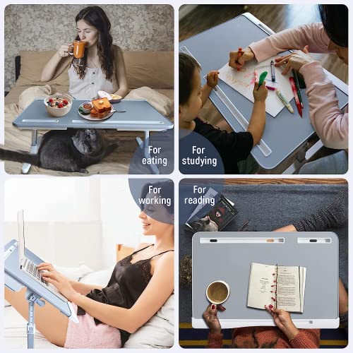 Laptop Bed Tray Desk, Adjustable PVC Leather Bed Table 2 Drawer, Portable Laptop Lap Desk with Foldable Legs for Bed Sofa Couch Floor, Supplies for Online Working, Study