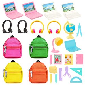 Joyfun 31 Pcs 11.5 inch Doll School Accessories 4 Doll Backpack Bag with Zipper with 4 Computers 7 Pcs Study Accessories 8 Pcs Stationery Sets 4 headsets for 11.5 inch Doll