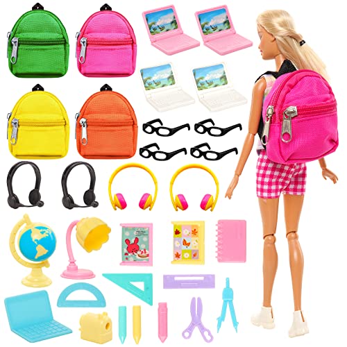 Joyfun 31 Pcs 11.5 inch Doll School Accessories 4 Doll Backpack Bag with Zipper with 4 Computers 7 Pcs Study Accessories 8 Pcs Stationery Sets 4 headsets for 11.5 inch Doll