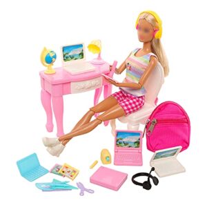 Joyfun 31 Pcs 11.5 inch Doll School Accessories 4 Doll Backpack Bag with Zipper with 4 Computers 7 Pcs Study Accessories 8 Pcs Stationery Sets 4 headsets for 11.5 inch Doll