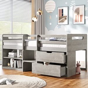 citylight twin low loft bed with storage, kids loft bed with two shelves and two drawers,wooden loft bed twin for girls boys bedroom,antique grey