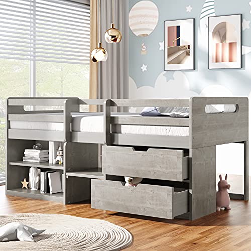 CITYLIGHT Twin Low Loft Bed with Storage, Kids Loft Bed with Two Shelves and Two Drawers,Wooden Loft Bed Twin for Girls Boys Bedroom,Antique Grey