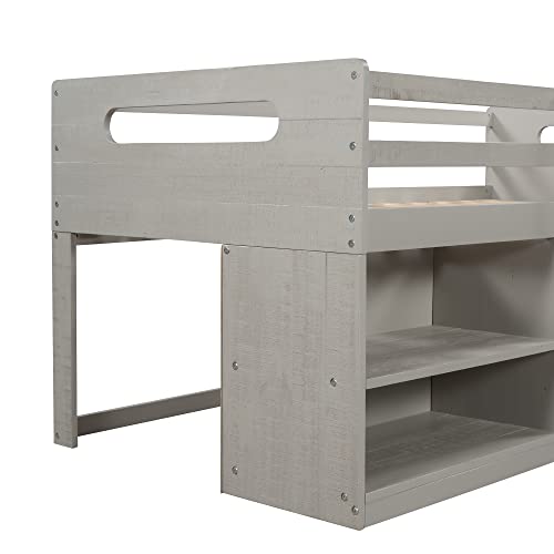 CITYLIGHT Twin Low Loft Bed with Storage, Kids Loft Bed with Two Shelves and Two Drawers,Wooden Loft Bed Twin for Girls Boys Bedroom,Antique Grey