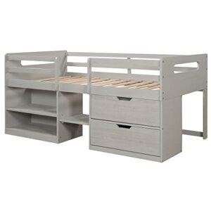 CITYLIGHT Twin Low Loft Bed with Storage, Kids Loft Bed with Two Shelves and Two Drawers,Wooden Loft Bed Twin for Girls Boys Bedroom,Antique Grey