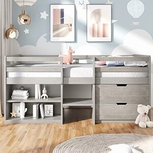 CITYLIGHT Twin Low Loft Bed with Storage, Kids Loft Bed with Two Shelves and Two Drawers,Wooden Loft Bed Twin for Girls Boys Bedroom,Antique Grey