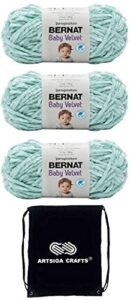 bernat baby velvet yarn misty green 164018-18017 (3-skeins) same dye lot worsted medium #4 soft 99% acrylic/1% polyester bundle with 1 artsiga craft bag