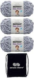 bernat baby velvet yarn pale gray 164018-18013 (3-skeins) same dye lot worsted medium #4 soft 99% acrylic/1% polyester bundle with 1 artsiga craft bag