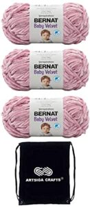 bernat baby velvet yarn pink mist 164018-18015 (3-skeins) same dye lot worsted medium #4 soft 99% acrylic/1% polyester bundle with 1 artsiga craft bag