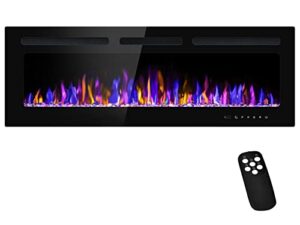betelnut 50" electric fireplace wall mounted and recessed with remote control, 750/1500w ultra-thin wall fireplace heater w/timer adjustable flame color and brightness, log set & crystal options