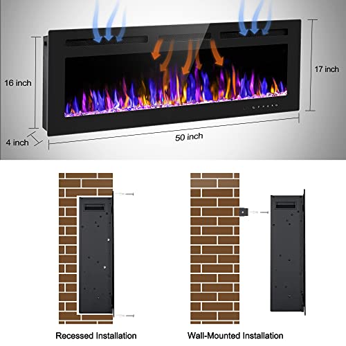 BETELNUT 50" Electric Fireplace Wall Mounted and Recessed with Remote Control, 750/1500W Ultra-Thin Wall Fireplace Heater W/Timer Adjustable Flame Color and Brightness, Log Set & Crystal Options