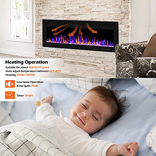 BETELNUT 50" Electric Fireplace Wall Mounted and Recessed with Remote Control, 750/1500W Ultra-Thin Wall Fireplace Heater W/Timer Adjustable Flame Color and Brightness, Log Set & Crystal Options