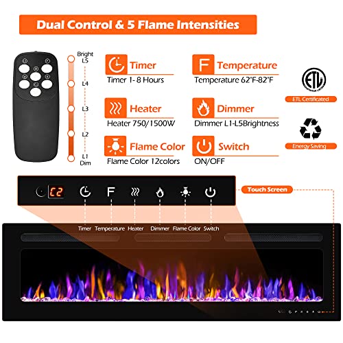 BETELNUT 50" Electric Fireplace Wall Mounted and Recessed with Remote Control, 750/1500W Ultra-Thin Wall Fireplace Heater W/Timer Adjustable Flame Color and Brightness, Log Set & Crystal Options