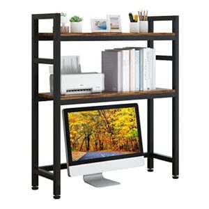 xtesms desktop bookshelf, 2-tier multipurpose countertop storage hutch for computer desk, adjustable wood display rack organizer for dorm office home - brown