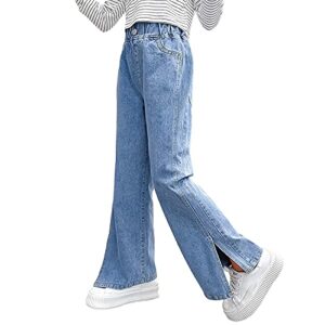 girls loose distressed jeans wide leg stretch denim pants baggy straight trousers (blue split, 10-12)