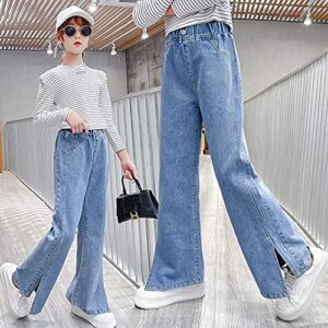 Girls Loose Distressed Jeans Wide Leg Stretch Denim Pants Baggy Straight Trousers (Blue Split, 10-12)