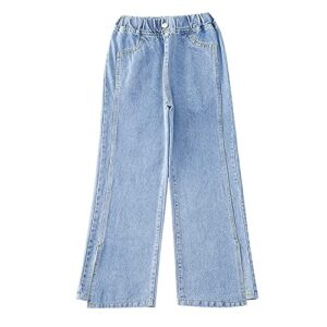 Girls Loose Distressed Jeans Wide Leg Stretch Denim Pants Baggy Straight Trousers (Blue Split, 10-12)