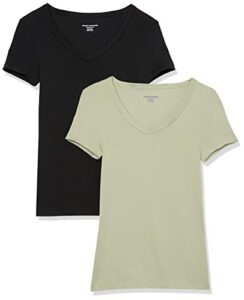 amazon essentials women's slim-fit short-sleeve v-neck t-shirt, pack of 2, black/sage green, medium
