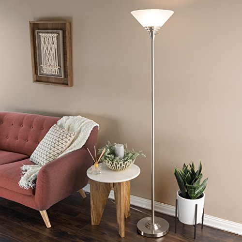 Lavish Home Torchiere Floor Lamp-Standing Light with Sturdy Metal Base and Marbleized Glass Shade-Energy Saving LED Bulb Included (Brushed Silver)