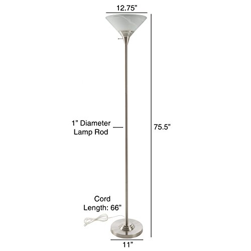 Lavish Home Torchiere Floor Lamp-Standing Light with Sturdy Metal Base and Marbleized Glass Shade-Energy Saving LED Bulb Included (Brushed Silver)