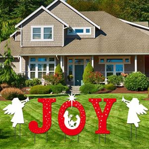 Outdoor Christmas Decorations -JOY Nativity Sets for Outdoor Xmas Religious Scenes Yard Decor with Stake for Home Lawn Pathway Walkway, Red, White