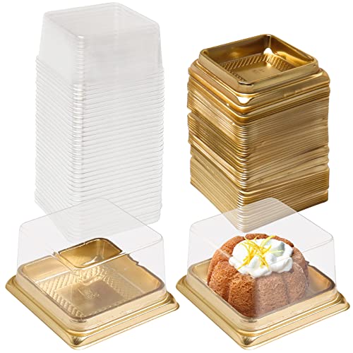 wexpw Single Clear Mooncake Box, 50 Pack Individual Mini Cupcake Boxes Container Plastic Transparent Mooncake Box Cake Cookies Muffins Box, Square Gold