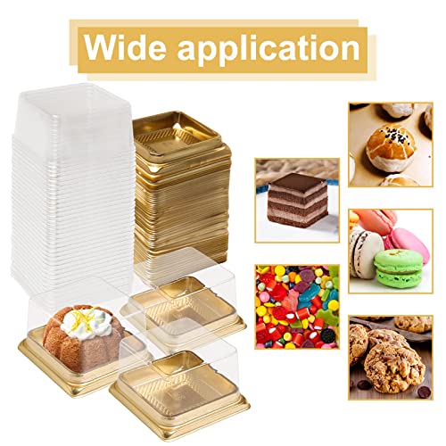 wexpw Single Clear Mooncake Box, 50 Pack Individual Mini Cupcake Boxes Container Plastic Transparent Mooncake Box Cake Cookies Muffins Box, Square Gold