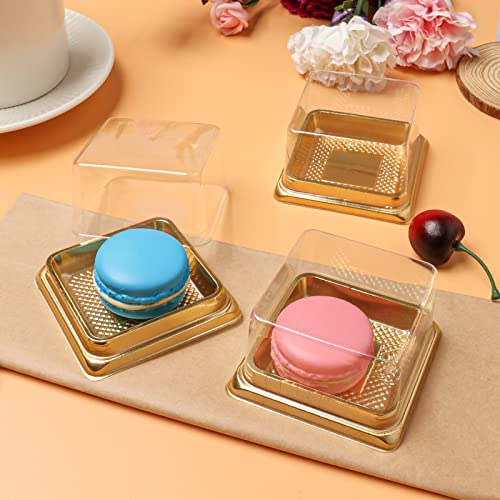 wexpw Single Clear Mooncake Box, 50 Pack Individual Mini Cupcake Boxes Container Plastic Transparent Mooncake Box Cake Cookies Muffins Box, Square Gold