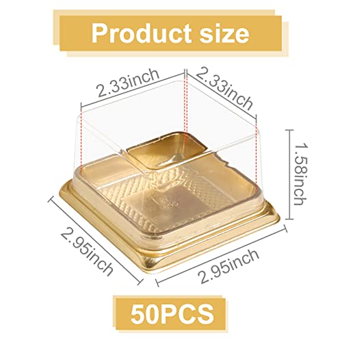 wexpw Single Clear Mooncake Box, 50 Pack Individual Mini Cupcake Boxes Container Plastic Transparent Mooncake Box Cake Cookies Muffins Box, Square Gold