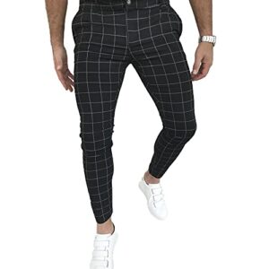 men's fashion stretch pants slim fit plaid skinny long pants casual business golf dress pants black