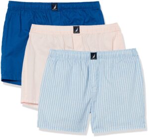 nautica men's cotton woven 3 pack boxer, oasis pink/ocean lapis/pin stripe silver lake, medium