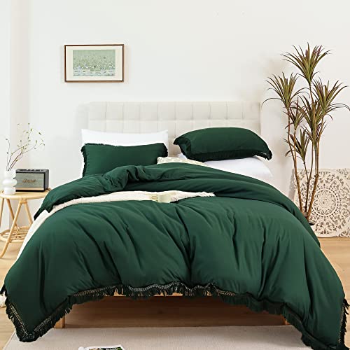 Smoofy Queen Duvet Cover Emerald Green Duvet Cover Queen Size, 3 Pcs Bohemian Fringe Tufted Soft Tassel Microfiber Dark Green Duvet Cover with Zipper Closure (1 Duvet Cover, 2 Pillowcases)