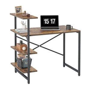 cubicubi small computer desk with shelves 40 inch, home office desk, study writing office table, 3 tier shelf, brown