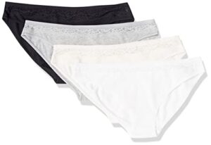 amazon essentials women's cotton and lace bikini underwear, pack of 4, black/pink/light grey marl, large