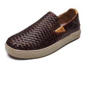 olukai lae'ahi lauhala men's slip on sneakers, drop-in heel & all-day comfort, breathable lining, premium leather, dk wood/dk wood, 11