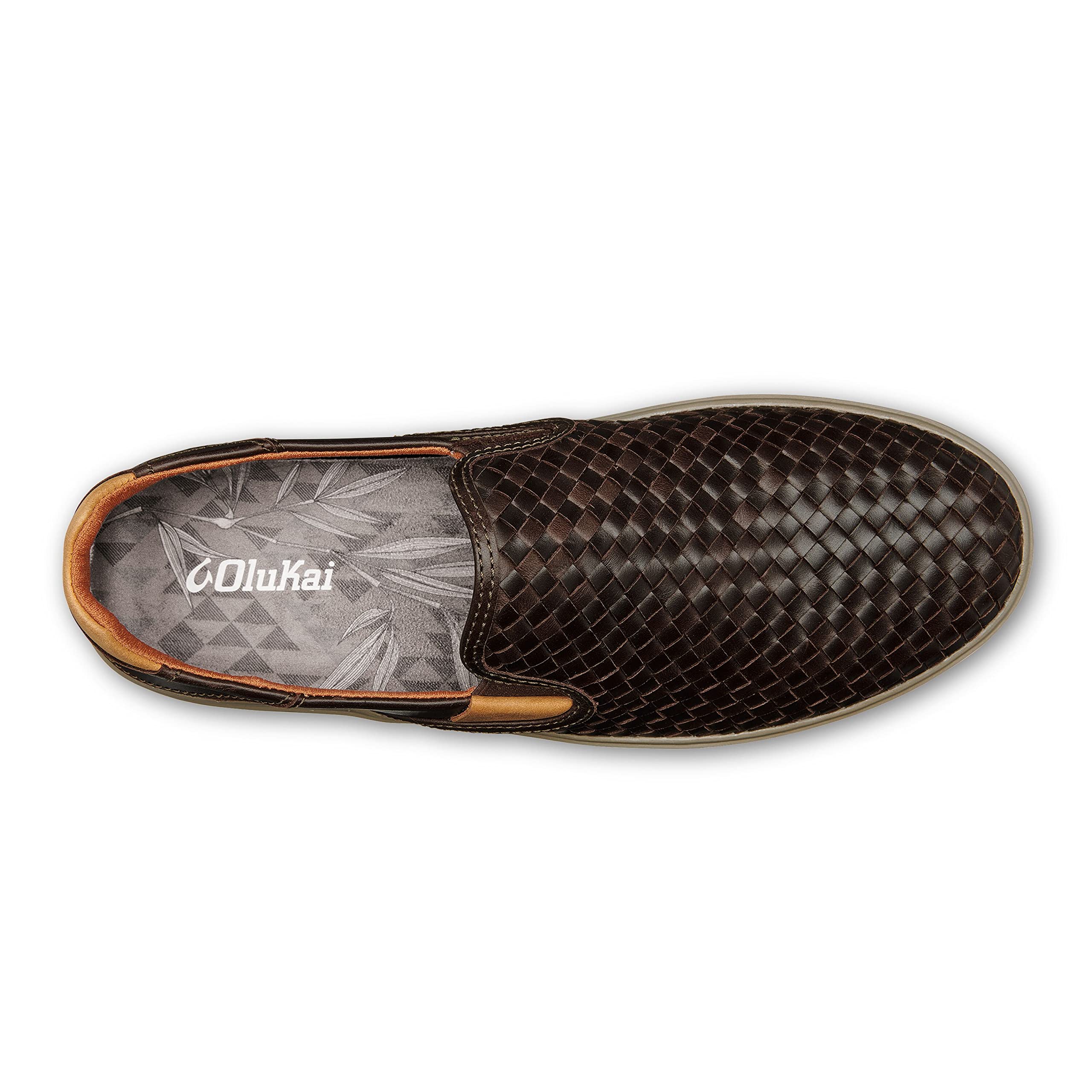 OLUKAI Lae'ahi Lauhala Men's Slip On Sneakers, Drop-in Heel & All-Day Comfort, Breathable Lining, Premium Leather, Dk Wood/Dk Wood, 11