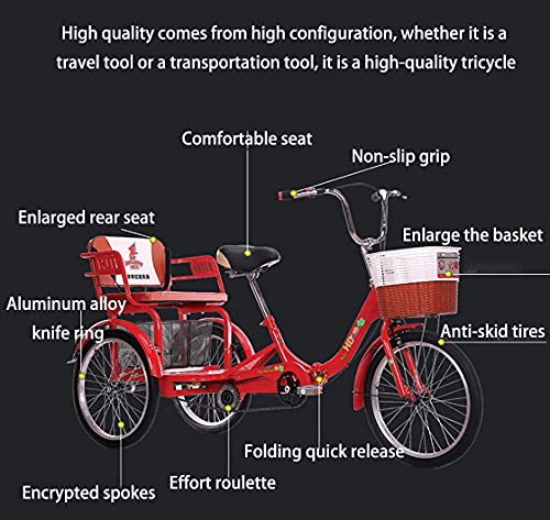 MENGYY Adult Tricycle Folding for Seniors Comfortable seat 3 Wheel Bicycle with Shopping Basket Double Chain 20 Inch Shock Absorber Front Fork Parents and Children Maximum Load 200kg (red) 27*27*17