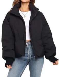 gihuo women’s winter warm long sleeve zip front short baggy puffer jacket with pockets(black-l)
